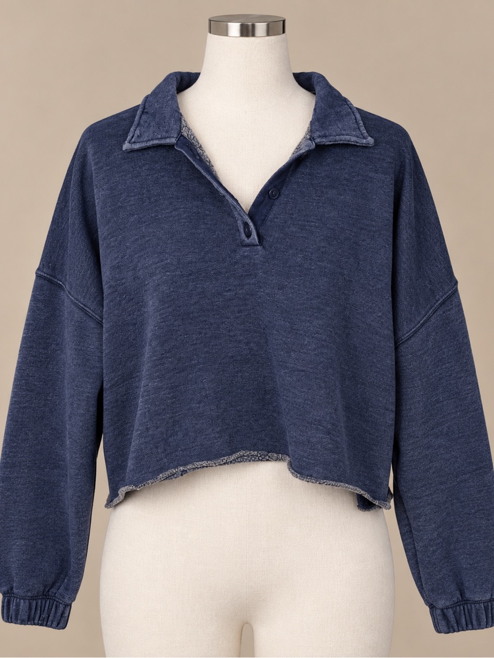 aerie Navy Cropped Polo Pullover Sweatshirt